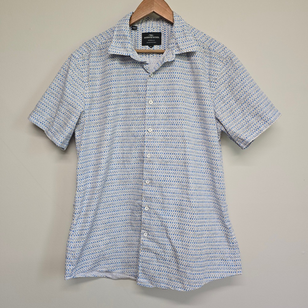 Rodd & Gunn Sports Fit Shirt Mens XL Blue Geometric Woven In Italy Preppy